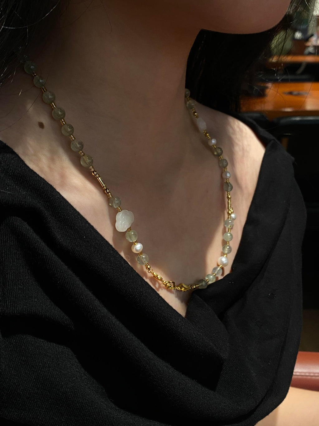 Cloud Scroll Serenity Necklace: Embrace the soothing energy of grape stone and Hotan jade