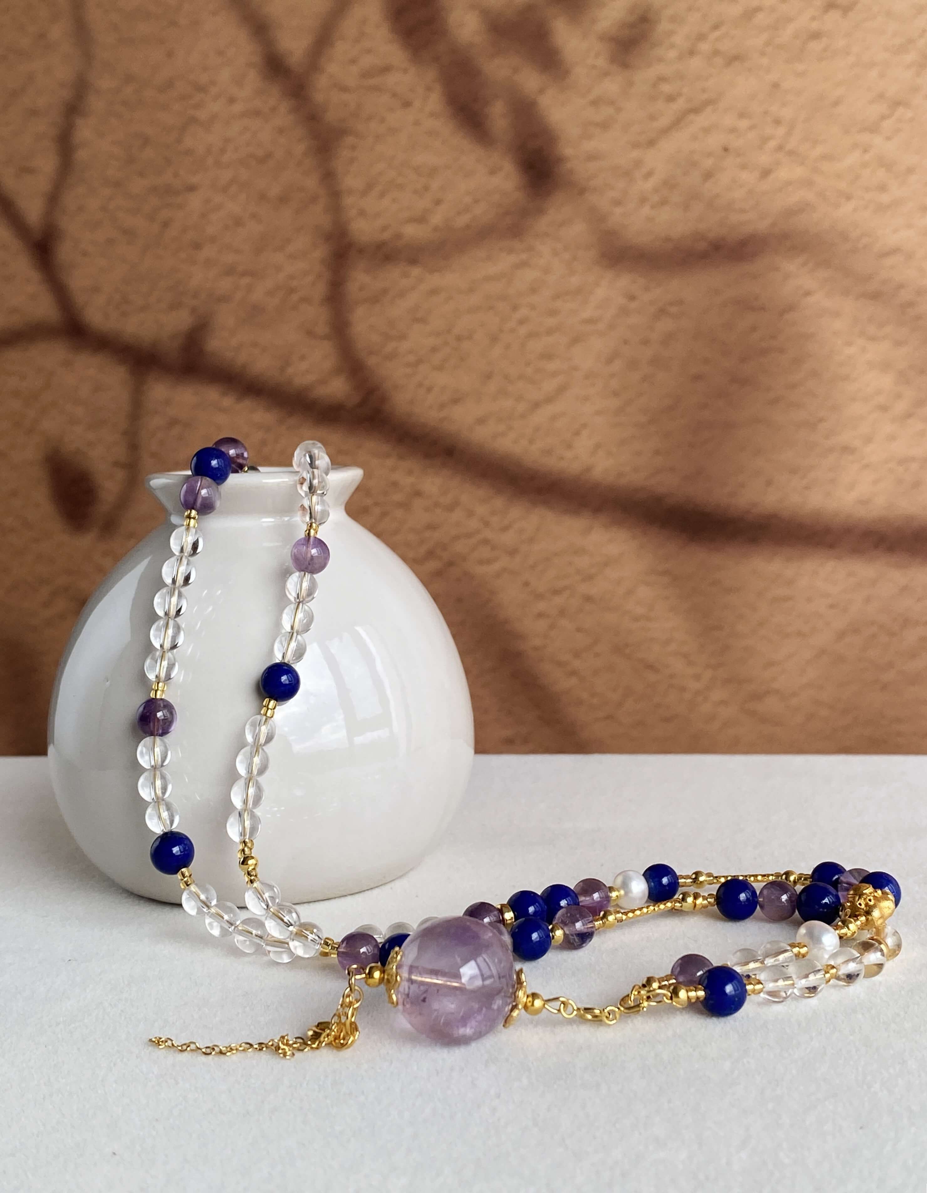 Lapis Lazuli and Amethyst Necklace - Natural Light Product Photography